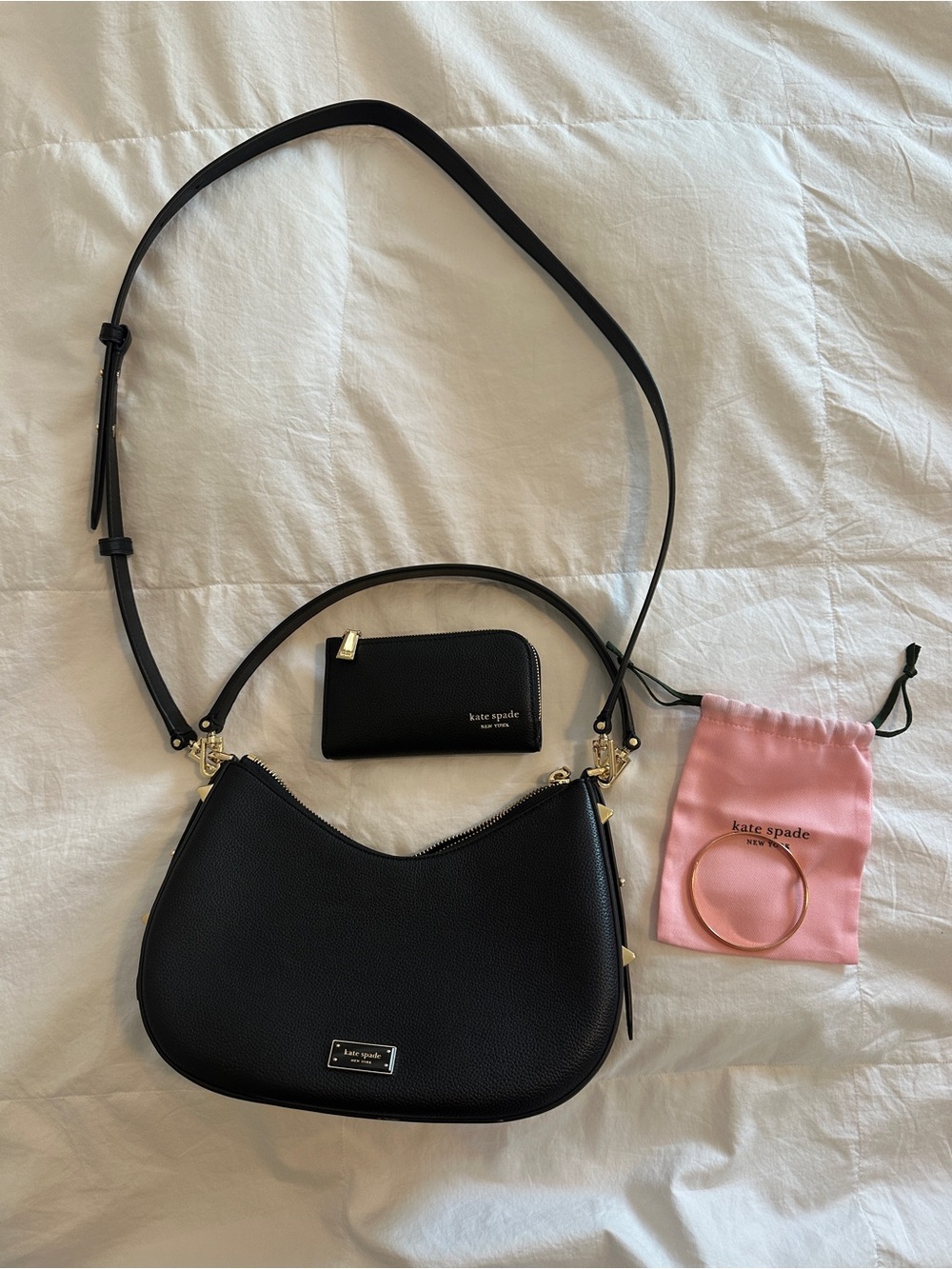 kate spade Black Pebbled Leather Shoulder Bag with Wallet & Bangle